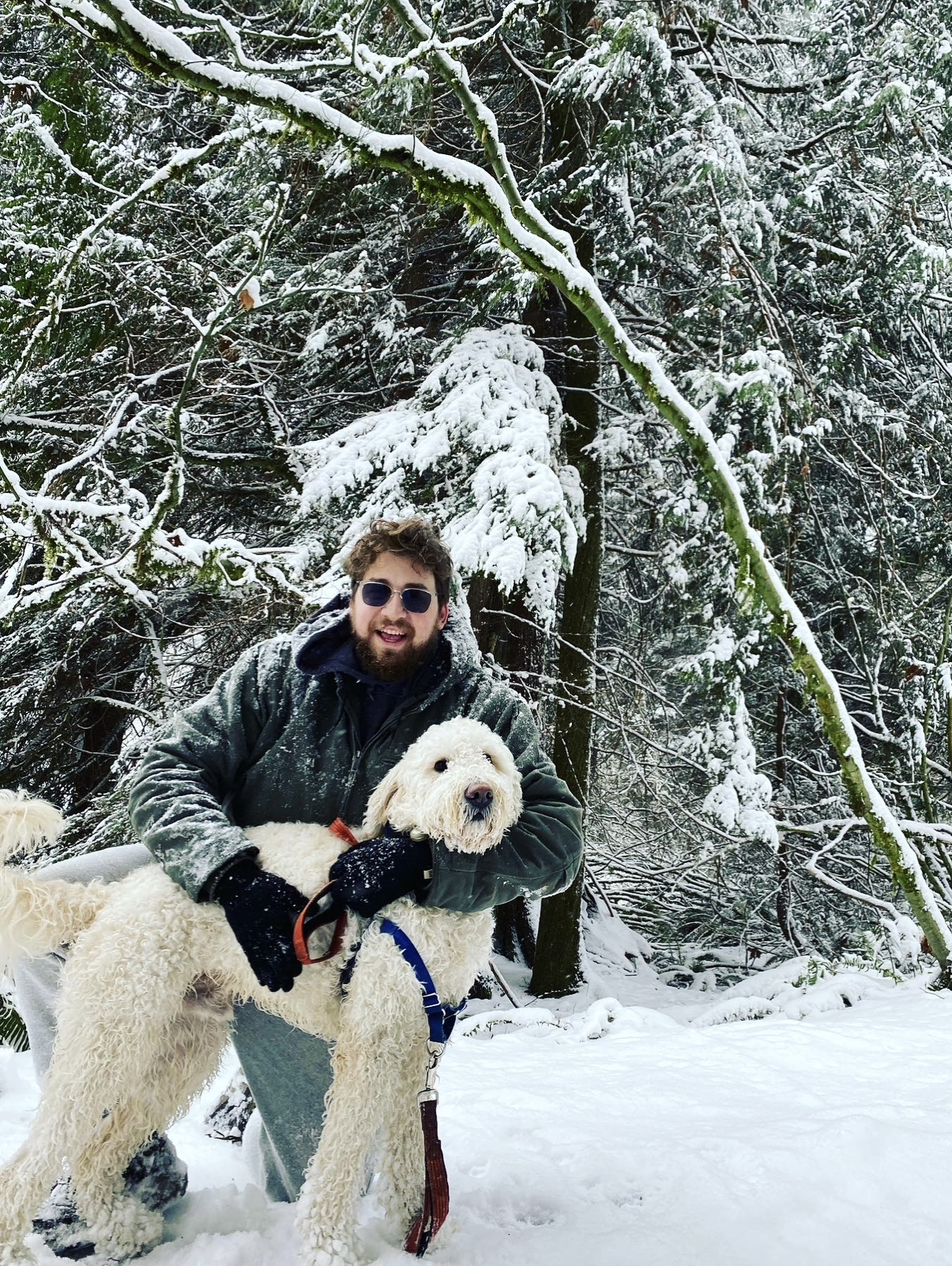 Dr. David Abolnik with his dogs Bella and Charlie in a snowy setting